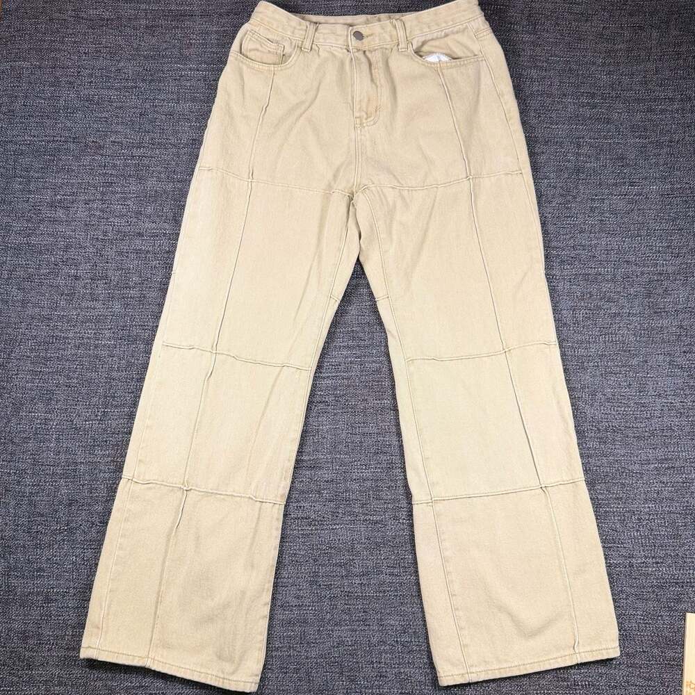 Beige Botany High Waisted Patchwork Wide Leg Denim Jeans
